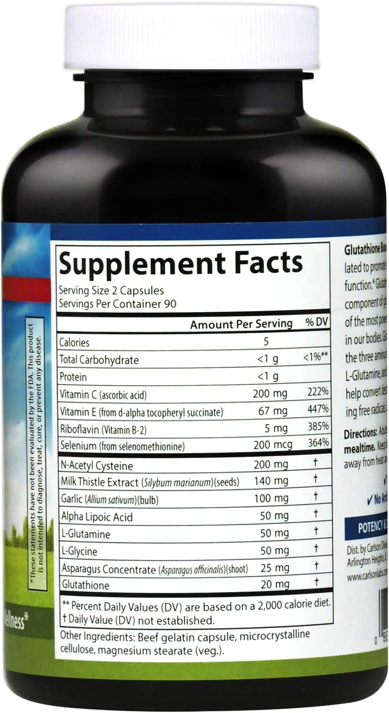Supplement facts & ingredients image: Carlson Glutathione Booster supplement facts vitamins amino acids 180 capsules