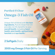 Doctor's Best Purified & Clear Omega 3 Fish Oil, bottle packaging, no flavour, 2000mg, 120 marine softgels, daily use instructions