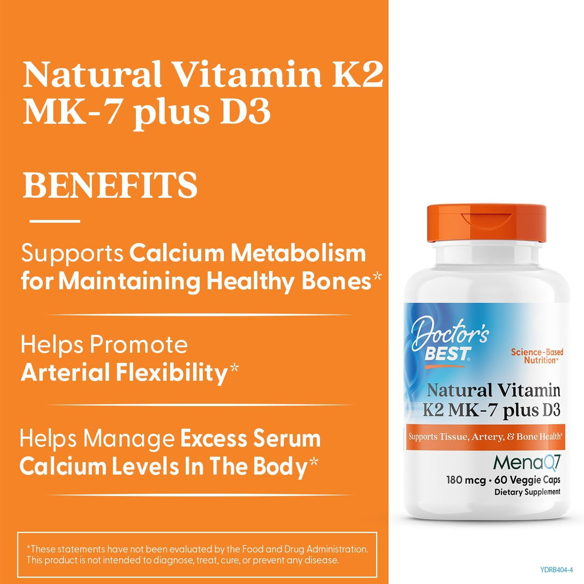 Doctor's Best Natural Vitamin K2 MK-7 plus D3, bottle packaging, unflavoured, 180mcg, 60 veggie capsules, daily dietary supplement use