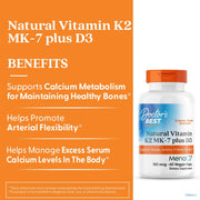 Doctor's Best Natural Vitamin K2 MK-7 plus D3, bottle packaging, unflavoured, 180mcg, 60 veggie capsules, daily dietary supplement use