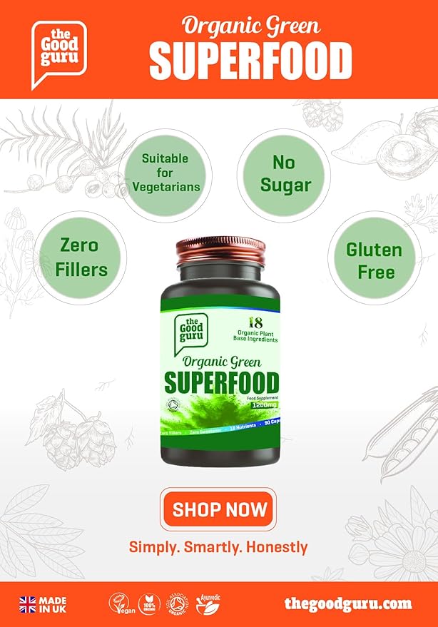 The Good Guru Organic Green Superfood - Blend of 18 Plants, 90 Capsules