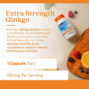 Doctor's Best Extra Strength Ginkgo Biloba 120mg bottle, 120 vegan capsules dosage.