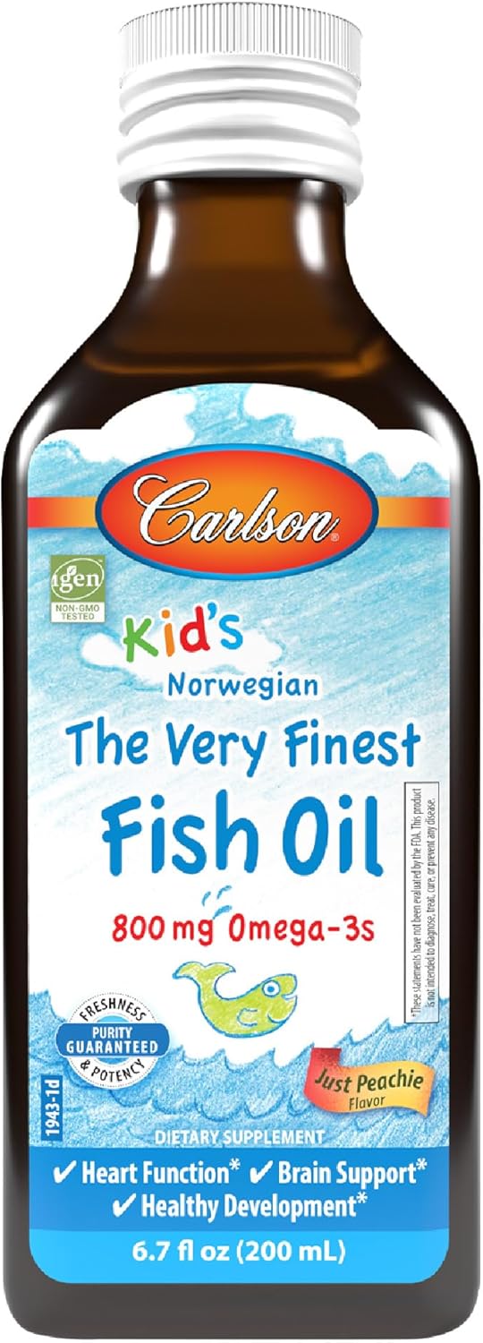 Front image: Carlson Kids fish oil liquid omega 3 800 mg just peachie flavour 200 ml bottle