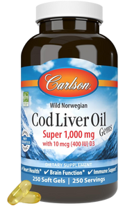 Front image: Carlson Cod Liver Oil Gems 1000 mg softgels vitamin D3 250 bottle