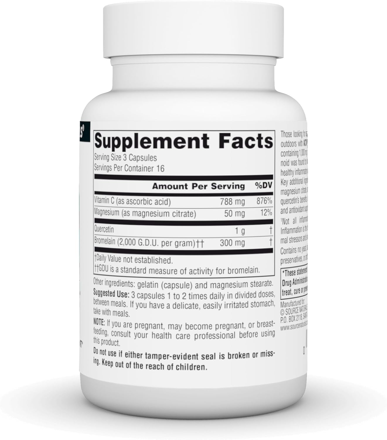 Supplement facts & ingredients image: Source Naturals Activated Quercetin bioflavonoid complex capsules ingredient panel 50 count