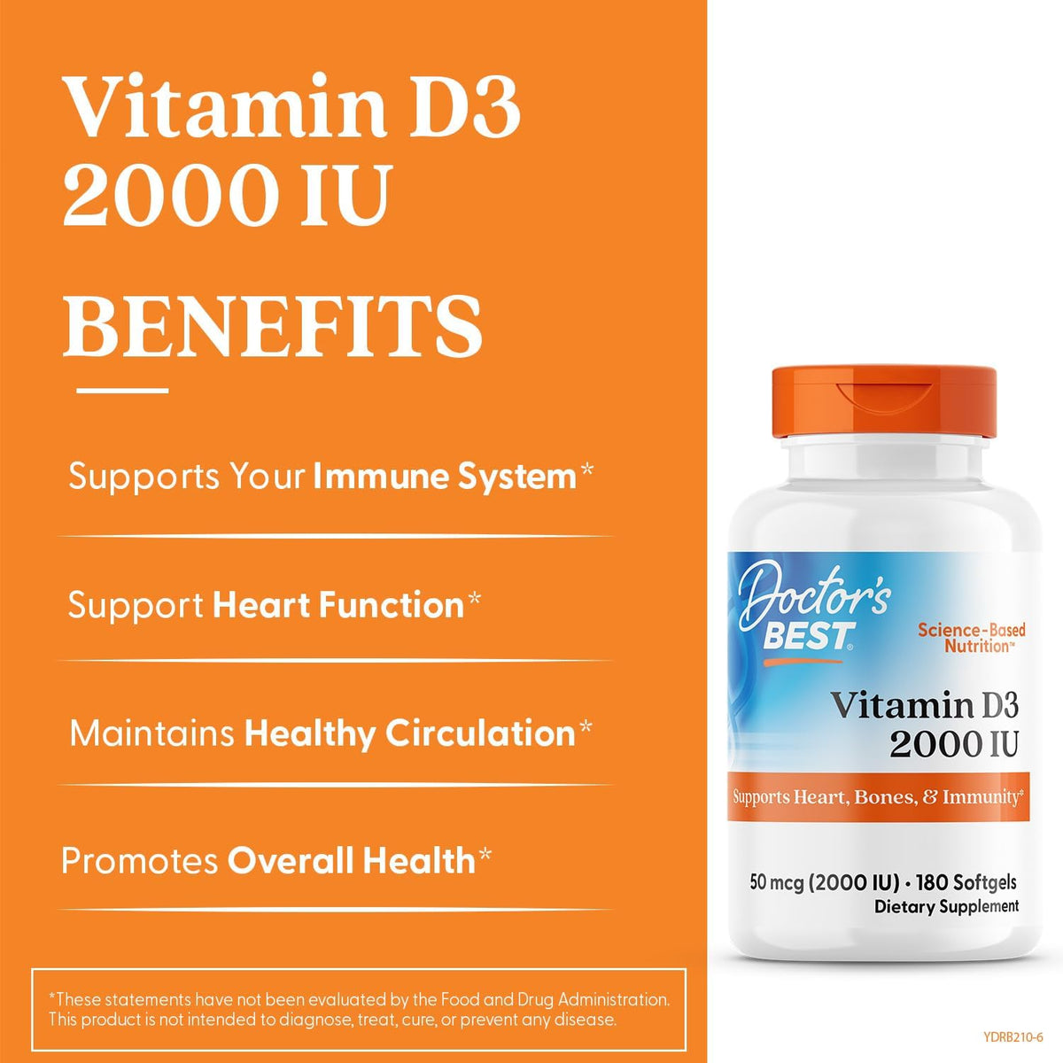 Doctor's Best Vitamin D3, bottle packaging, unflavoured, 2000 IU 50mcg, 180 softgels, daily dietary supplement use