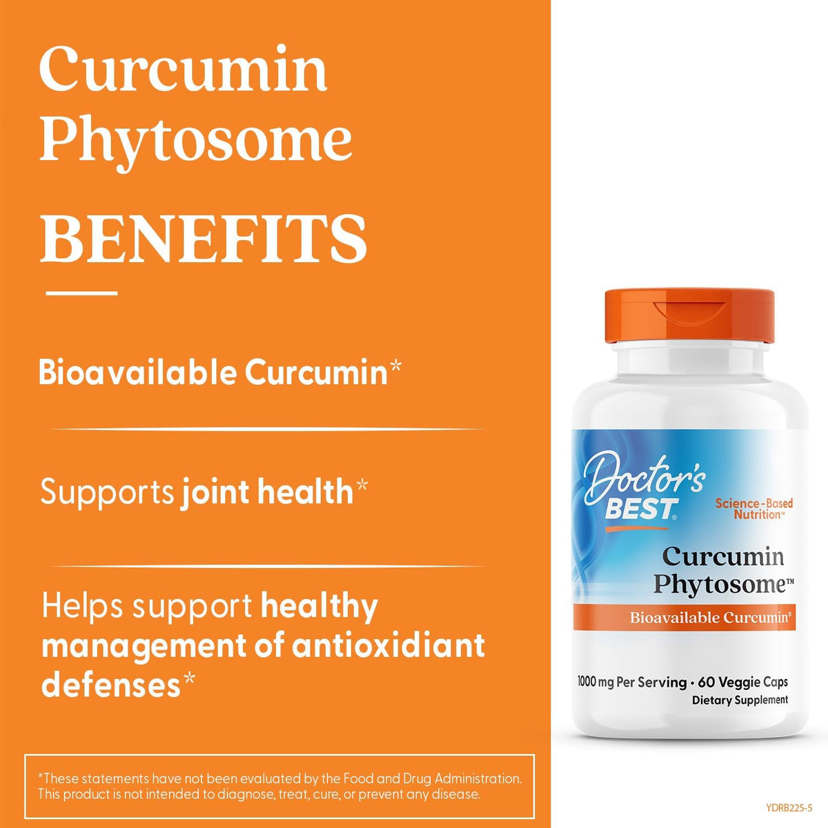 Doctor's Best Curcumin Phytosome, bottle packaging, unflavoured, 1000mg, 60 or 180 veggie capsules, daily dietary supplement use