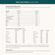 Nutritional information and ingredients list on Nuzest protein box.
