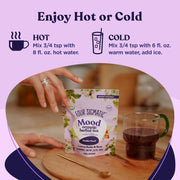 How to Use: Four Sigmatic herbal tea with lemon balm and rose on a mug. Enjoy hot or cold.