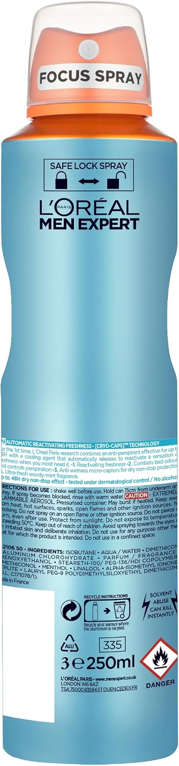 L'Oréal Men Expert Cool Power Anti-Perspirant Spray 250ml ingredients and product information label