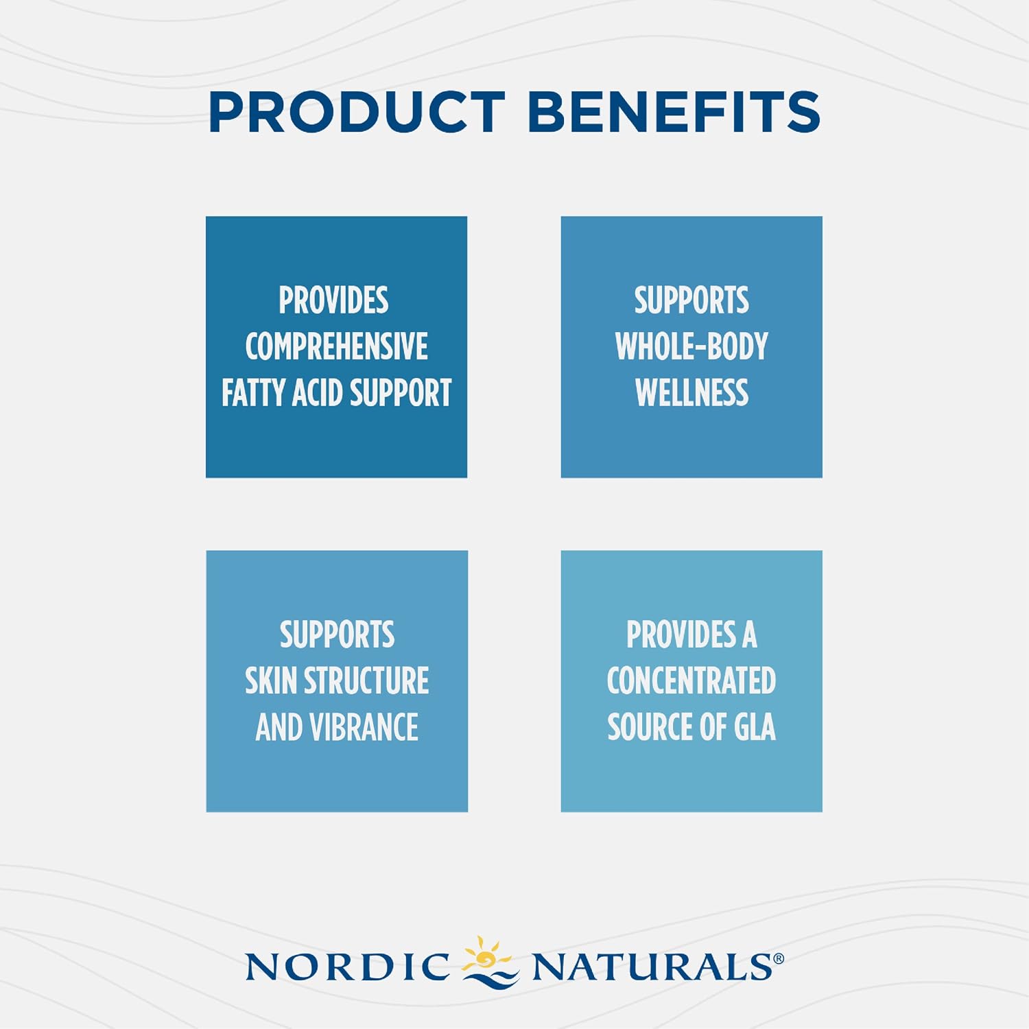 Product benefits graphic for Nordic Naturals featuring four blue text boxes on a light background: provides comprehensive fatty acid support, supports whole-body wellness, supports skin structure and vibration, and provides a concentrated source of GLA.