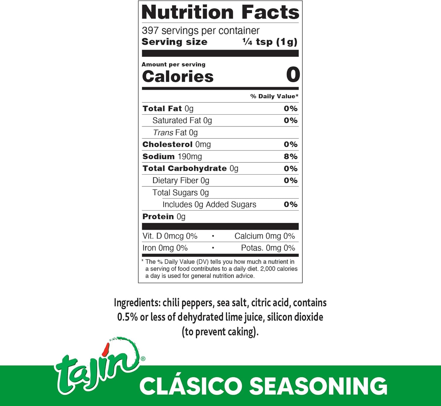 Tajin Clasico Seasoning with Lime ingredients information 400g container