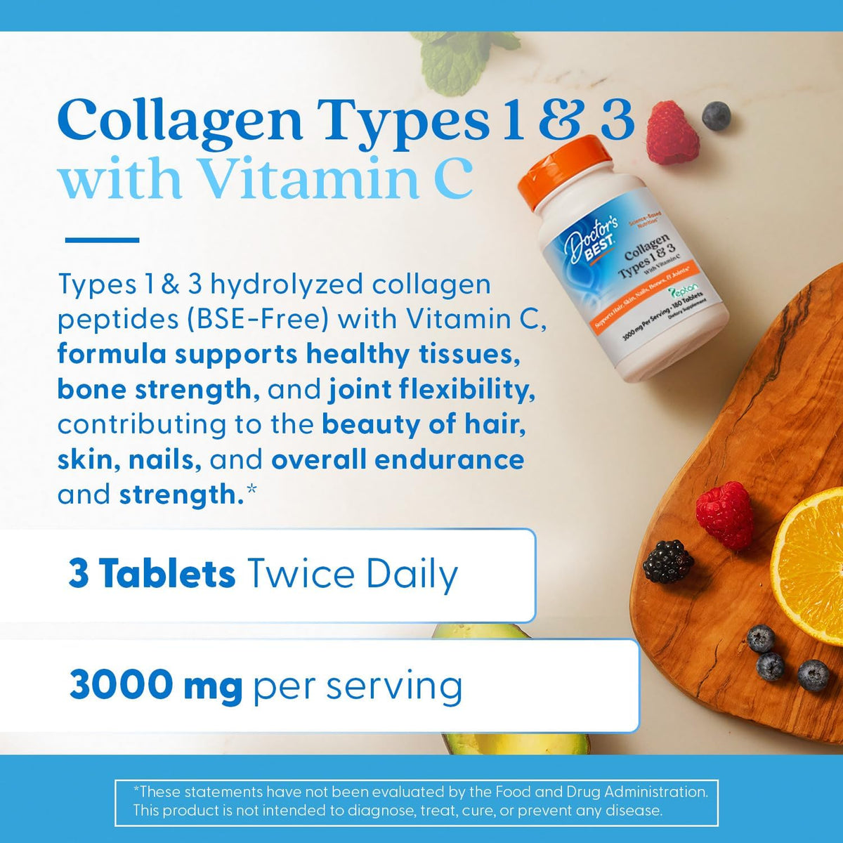 Doctor's Best Collagen Types 1 & 3 with Vitamin C, bottle packaging, unflavoured, 3000mg, 180 tablets, daily use instructions