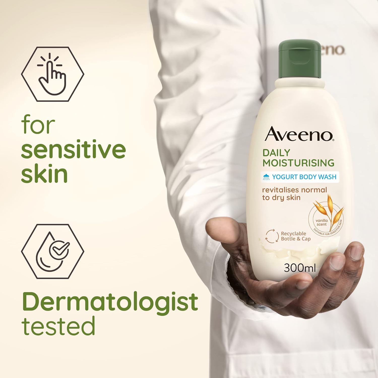 Aveeno Yogurt Body Wash bottle showing ingredients and usage instructions.