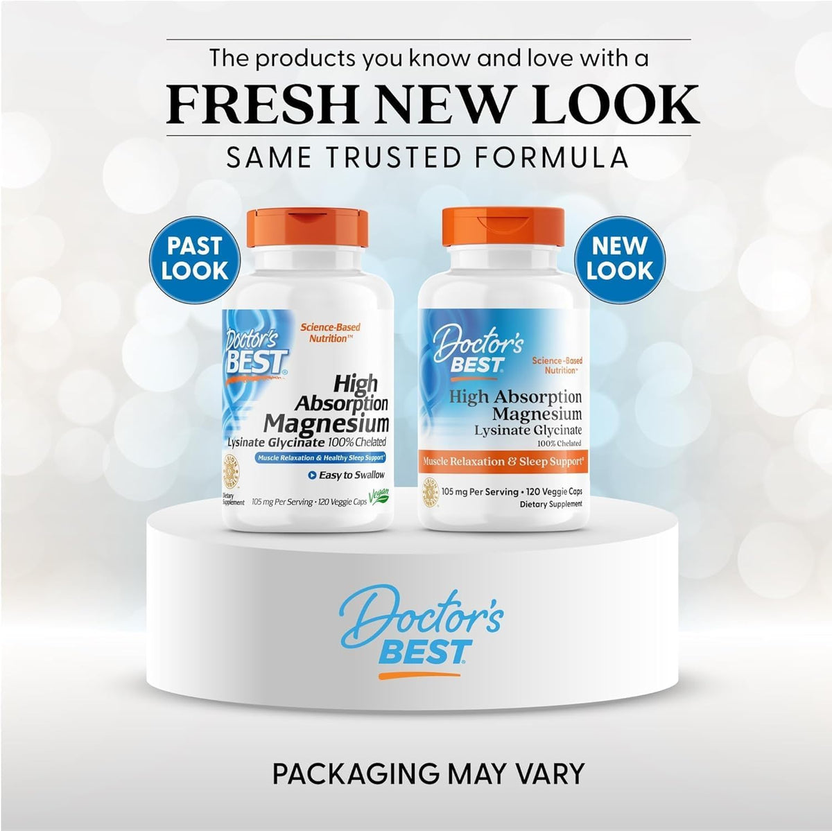 Doctor's Best High Absorption Magnesium Lysinate Glycinate, bottle packaging, no flavour, 105mg, 120 veggie capsules, new packaging
