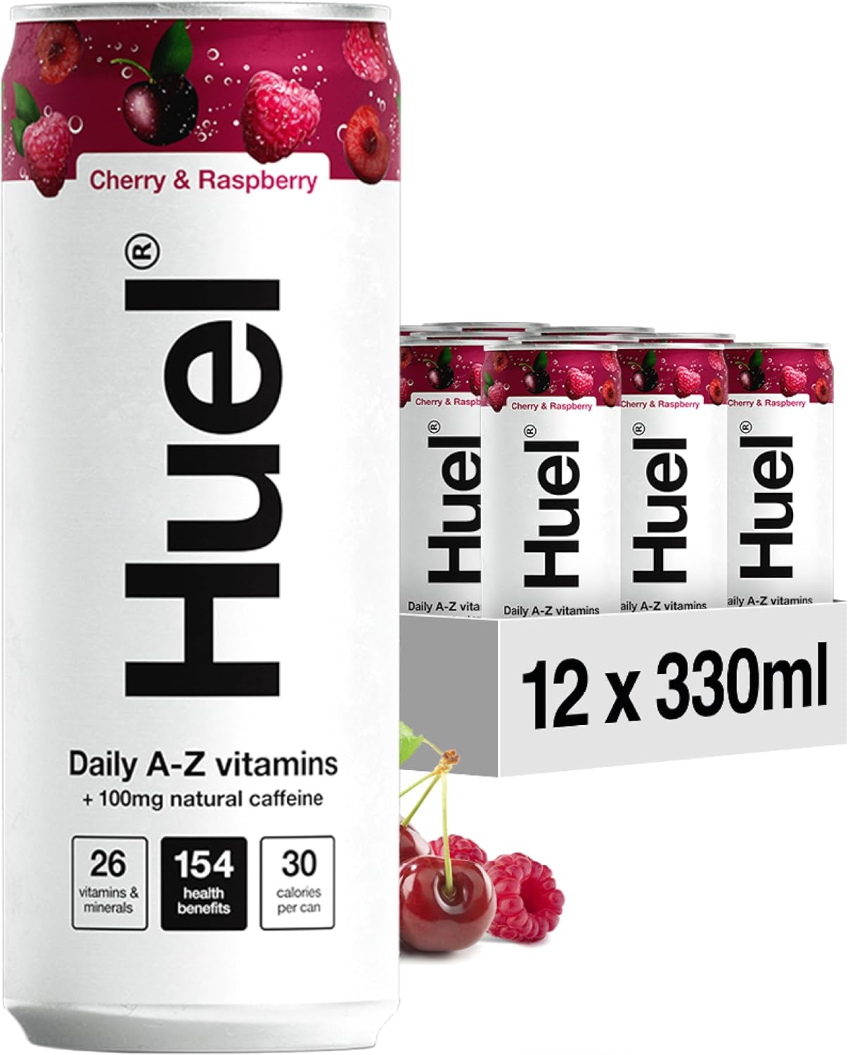 Huel Daily A-Z Vitamins Drink, aluminium can and multipack packaging, Cherry & Raspberry flavour, 12 x 330ml