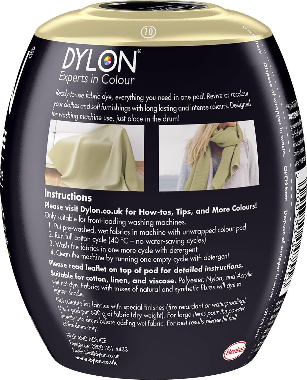 Dylon All-in-1 Washing Machine Fabric Dye Pod Sandy Beige 350g ingredients information packaging