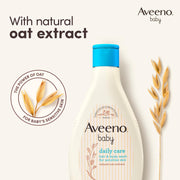 Back of Aveeno Baby Wash bottle showing ingredients and safety warnings.