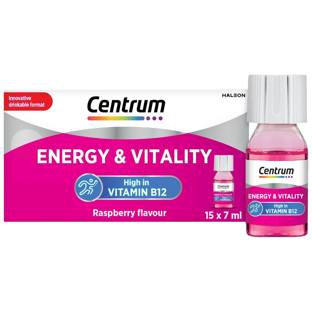 Centrum Energy & Vitality Vitamin B12 Liquid Shot, carton packaging with individual bottles, raspberry flavour, 15 x 7ml