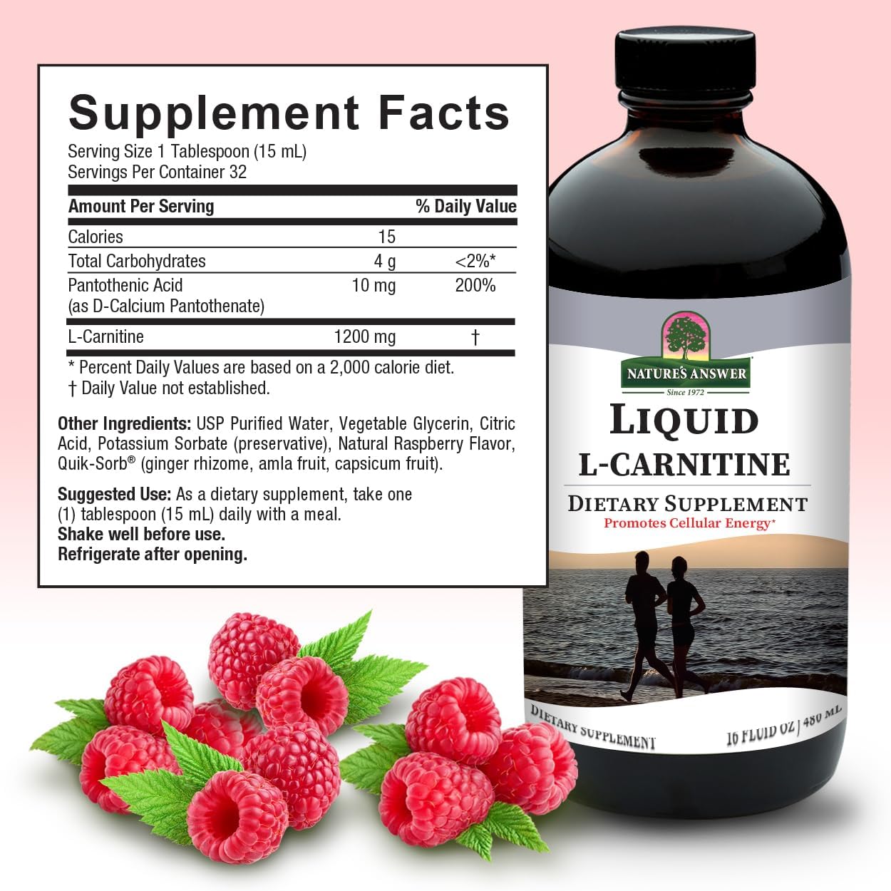 Nature's Answer Liquid L-Carnitine Raspberry 480ml bottle supplement facts and directions