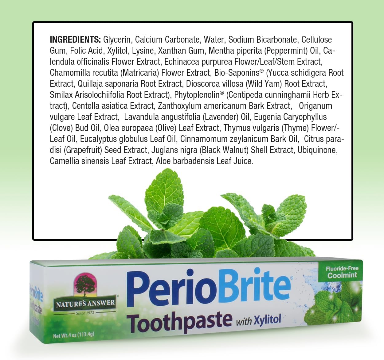 Nature’s Answer PerioBrite Coolmint fluoride-free toothpaste 4ml ingredients and directions