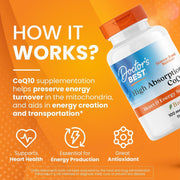 Doctor's Best High Absorption CoQ10 with BioPerine, bottle packaging, unflavoured, 100mg, 60 or 120 softgels, daily dietary supplement use