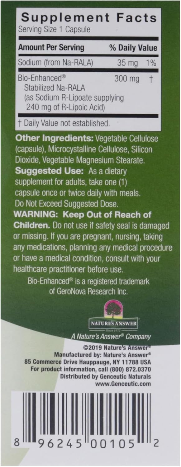 Genceutic Naturals R-Lipoic Acid 300mg capsules packaging barcode 60 capsules