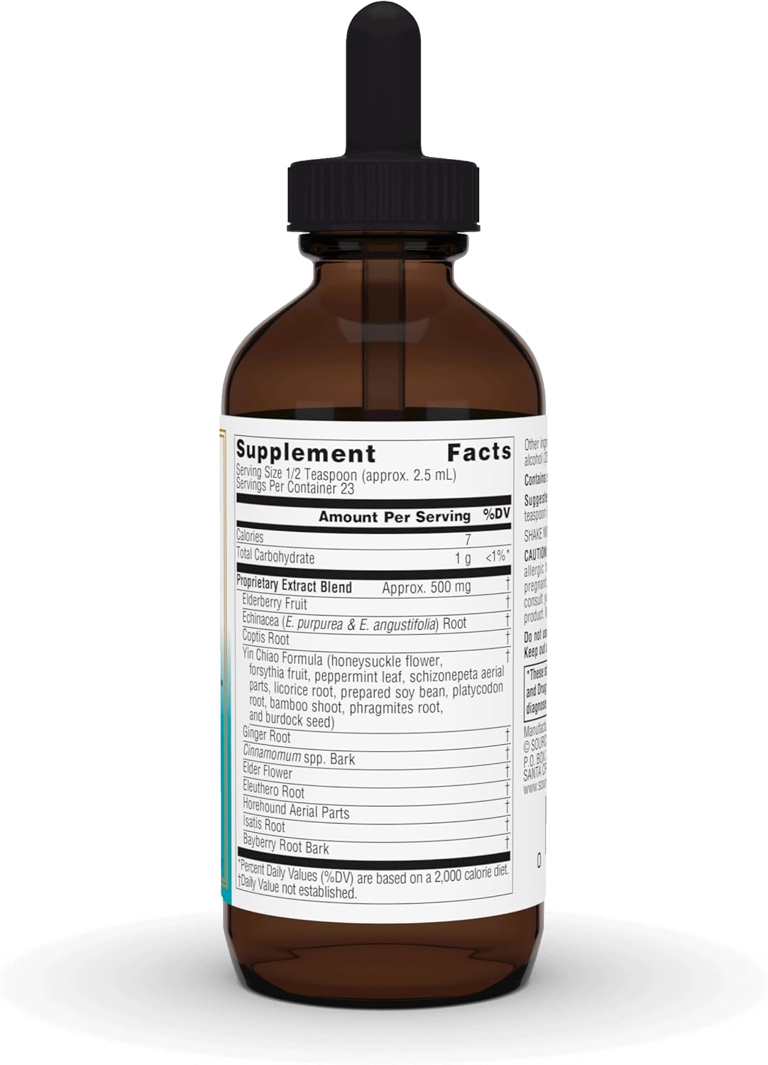 Supplement facts & ingredients image: Source Naturals Wellness Herbal Resistance liquid ingredient panel bottle 59.14ml