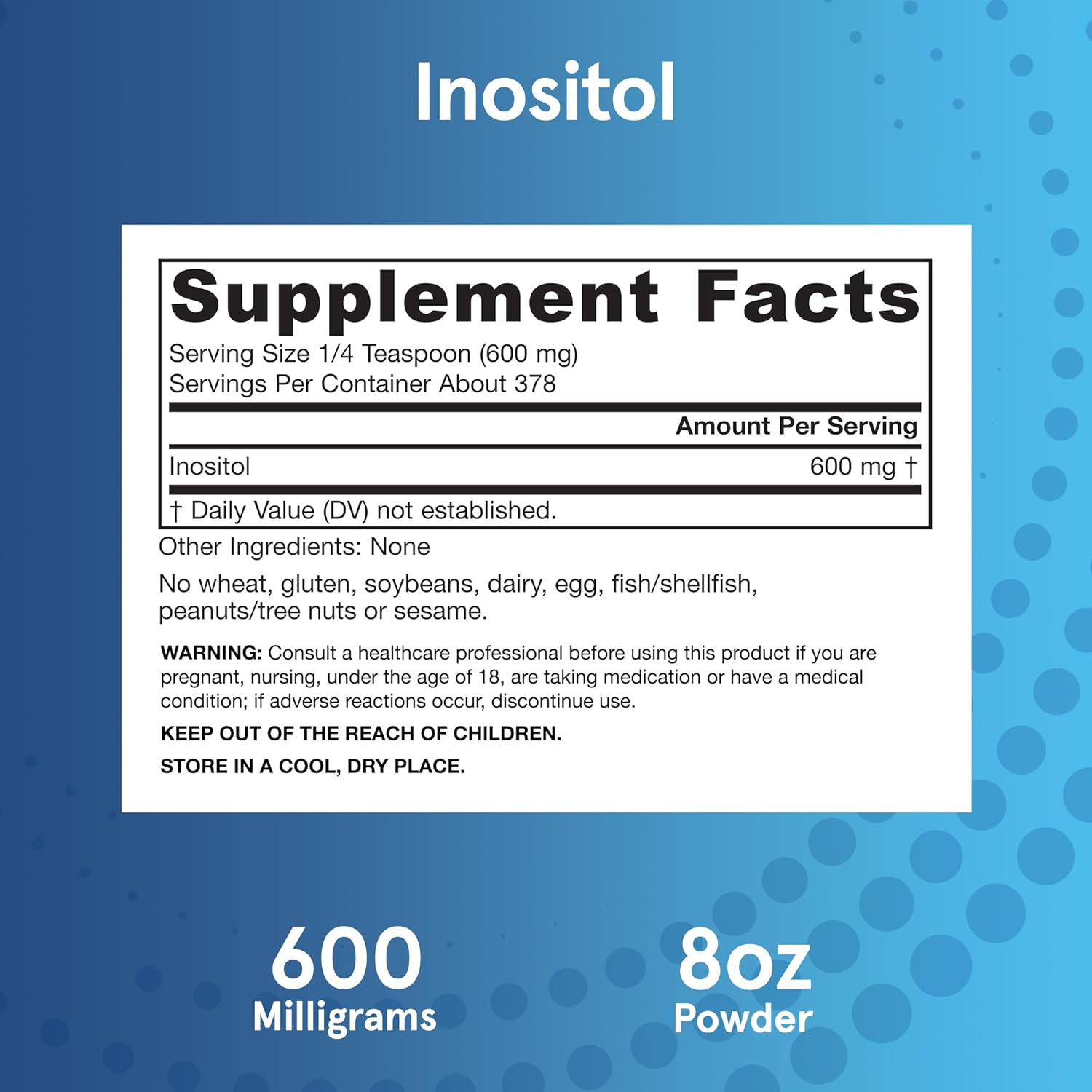 Supplement Facts Image: Jarrow Formulas Inositol powder 600mg supplement facts ingredients 227g