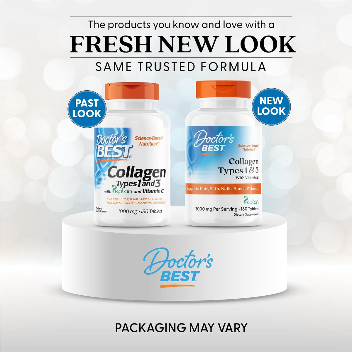 Doctor's Best Collagen Types 1 & 3 with Vitamin C, bottle packaging, unflavoured, 3000mg, 180 tablets, new packaging