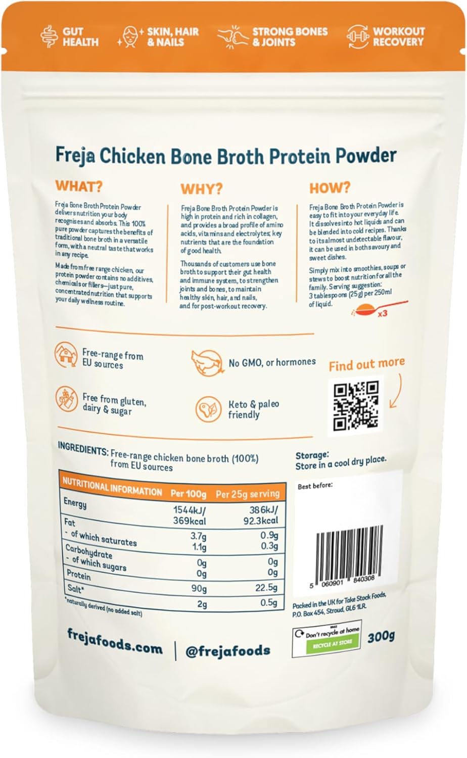 Barcode image: Freja bone broth powder barcode packaging pouch 300g
