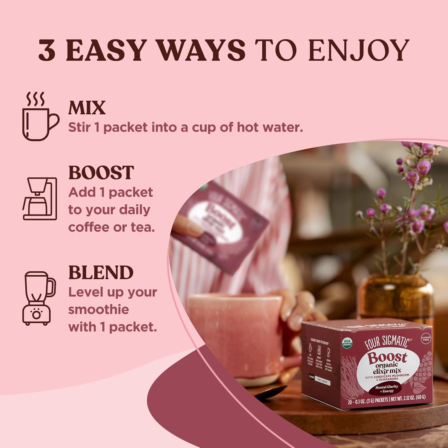 How to Use: Four Sigmatic Elixir packet contents being poured into a mug.