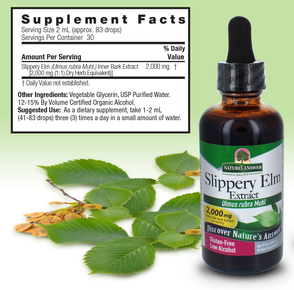 Nature’s Answer Slippery Elm supplement facts low alcohol 60ml back label