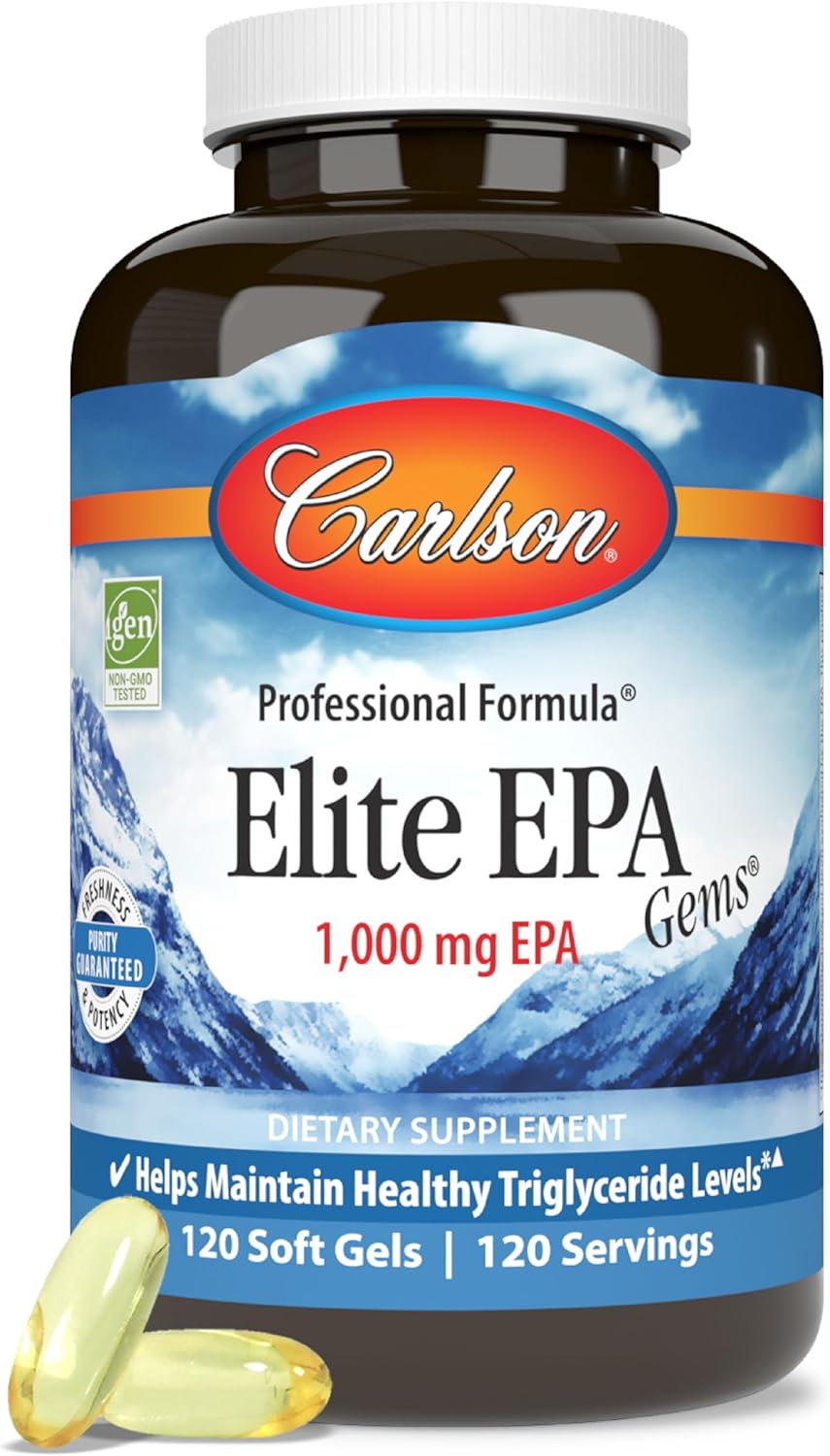 Front image: Carlson Elite EPA Gems fish oil softgels 1000 mg EPA 120 count bottle
