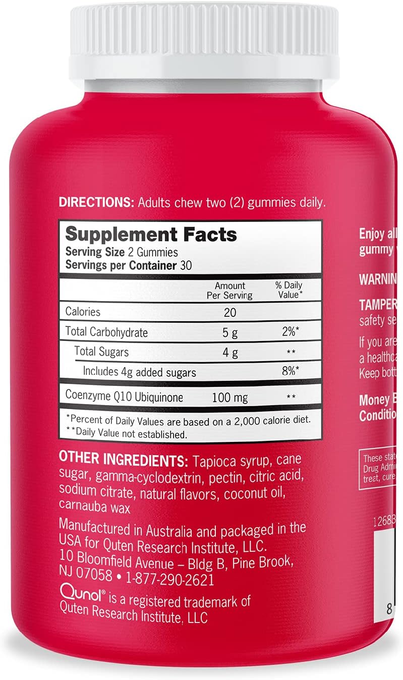 Supplement facts & ingredients image: Qunol CoQ10 gummies supplement facts 100mg ingredients 60 count