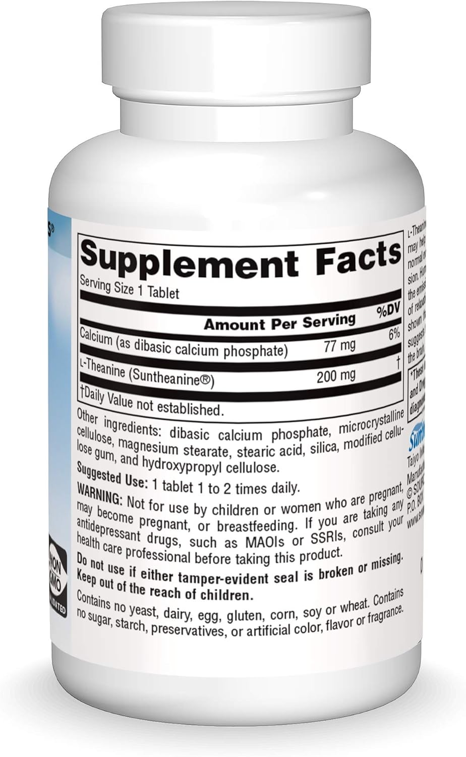 Supplement facts & ingredients image: Source Naturals L-Theanine 200mg Suntheanine tablets ingredient panel 30 count
