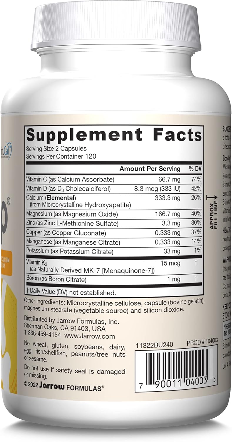 Supplement Facts Image: Jarrow Formulas BoneUp calcium 1000mg D3 K2 capsules supplement facts, ingredients and barcode 240 count