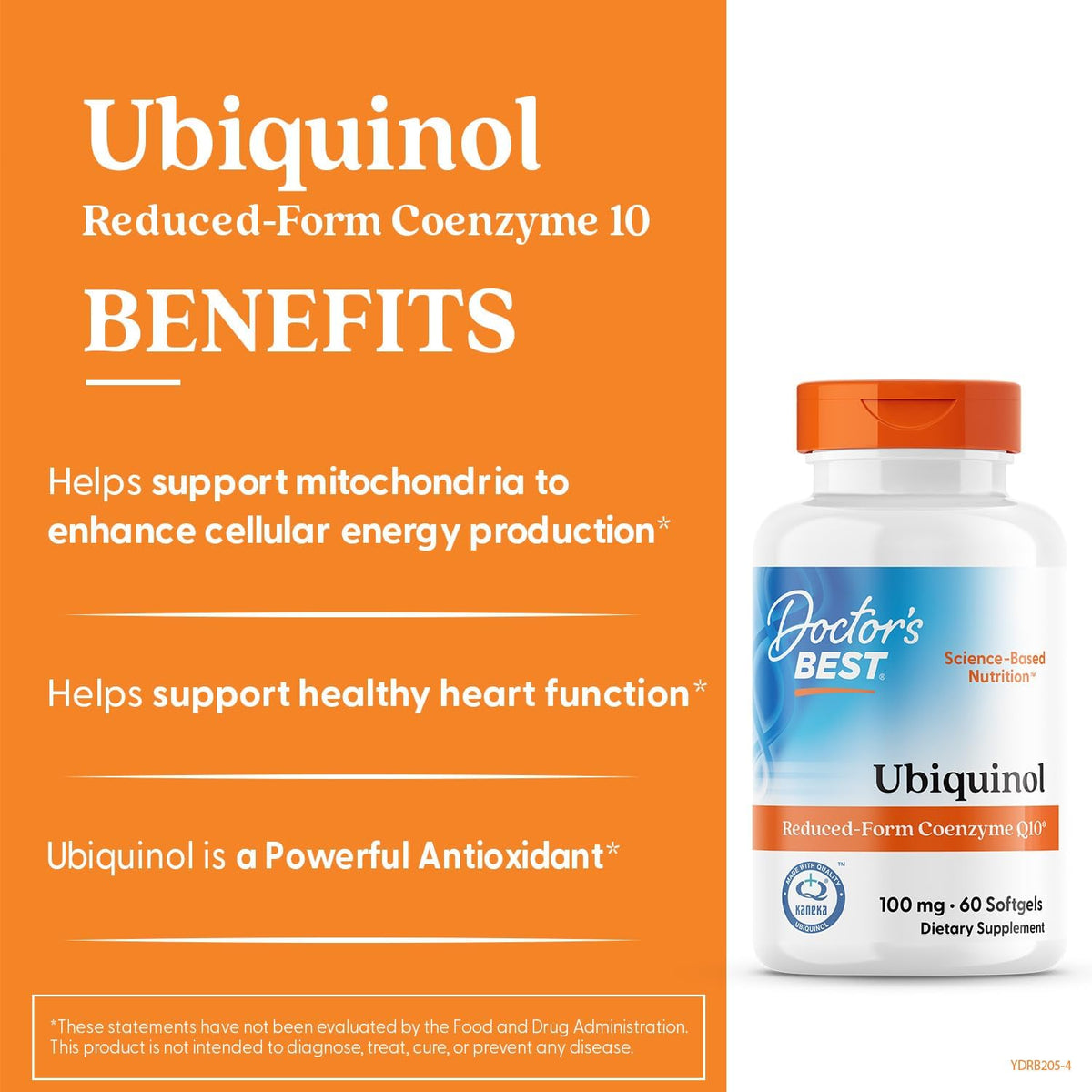 Doctor's Best Ubiquinol CoQ10, bottle packaging, no flavour, 100mg, 60 softgels, daily dietary supplement use