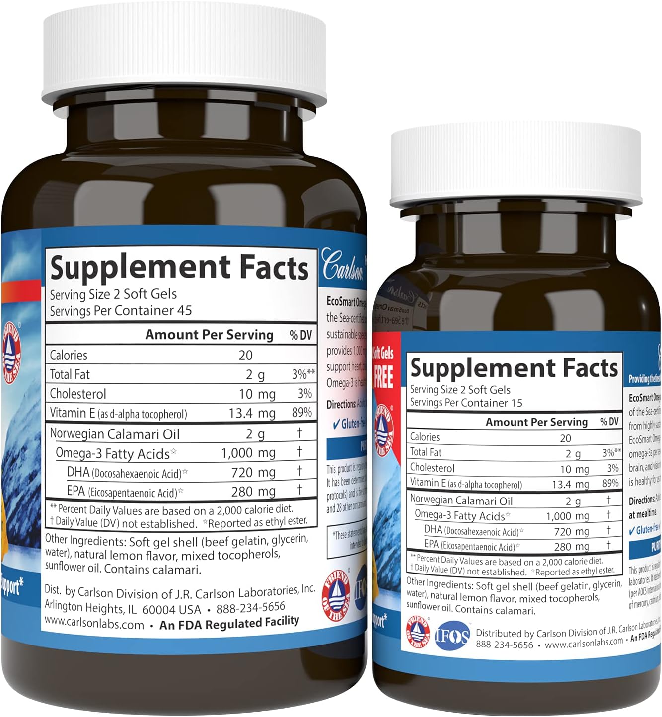 Supplement facts & ingredients image: Carlson EcoSmart Omega 3 calamari oil EPA DHA supplement facts 120 softgels