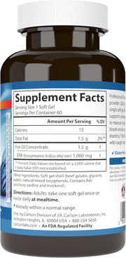 Supplement facts & ingredients image: Carlson Elite EPA Gems omega 3 EPA supplement facts softgels 60 count