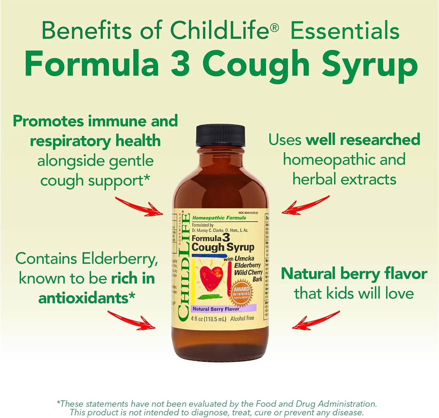ChildLife Essentials Formula 3 key benefits elderberry wild cherry bark 118.5ml