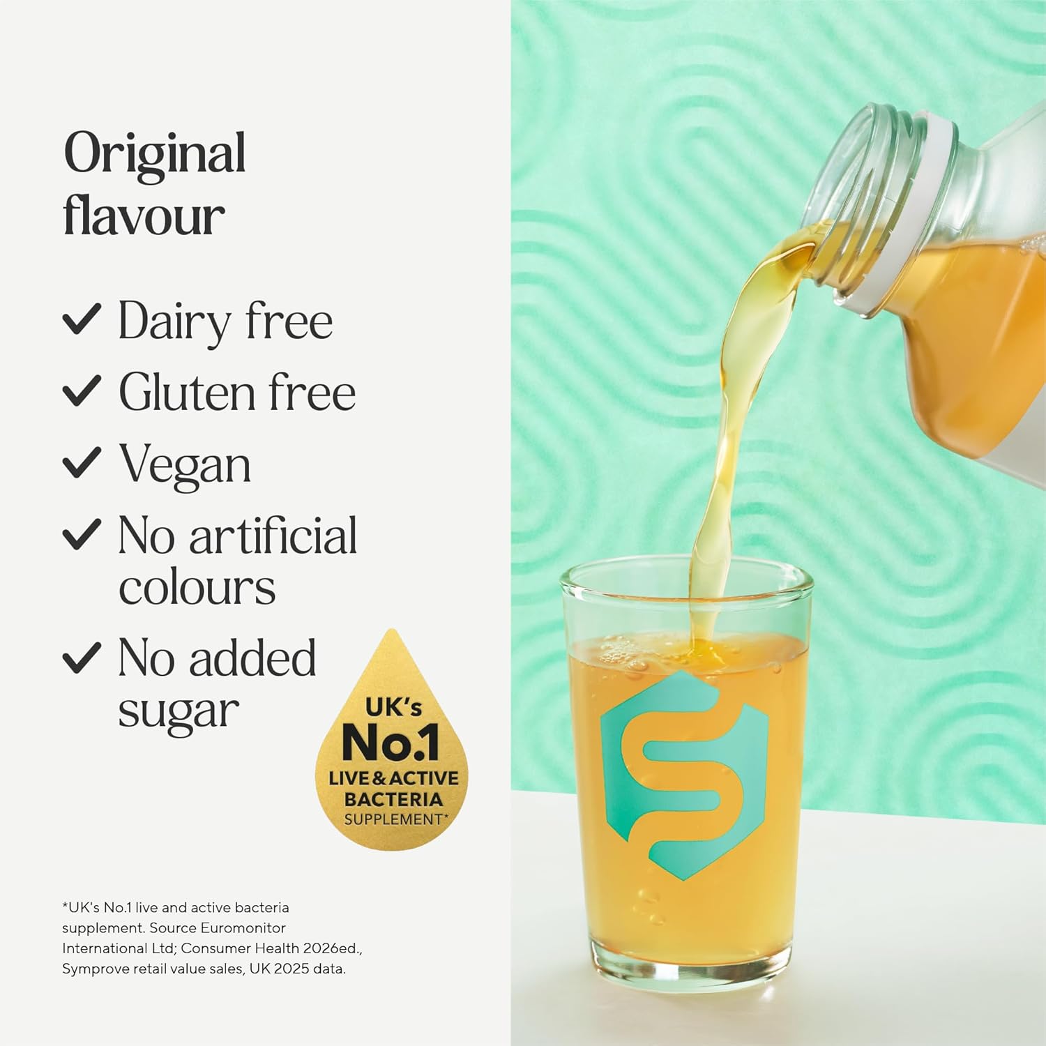 Symprove Liquid Probiotic Original Flavour 500ml probiotic drink pouring dairy free gluten free vegan