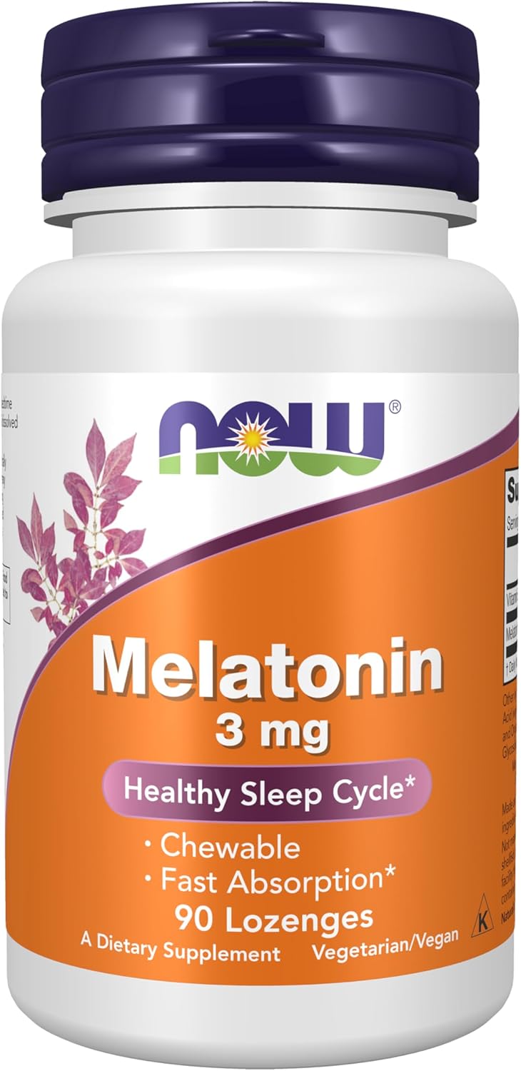 NOW Supplements Melatonin 3mg Chewable Lozenges jar, 90 count.