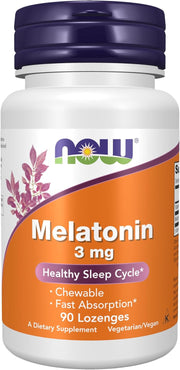 NOW Supplements Melatonin 3mg Chewable Lozenges jar, 90 count.