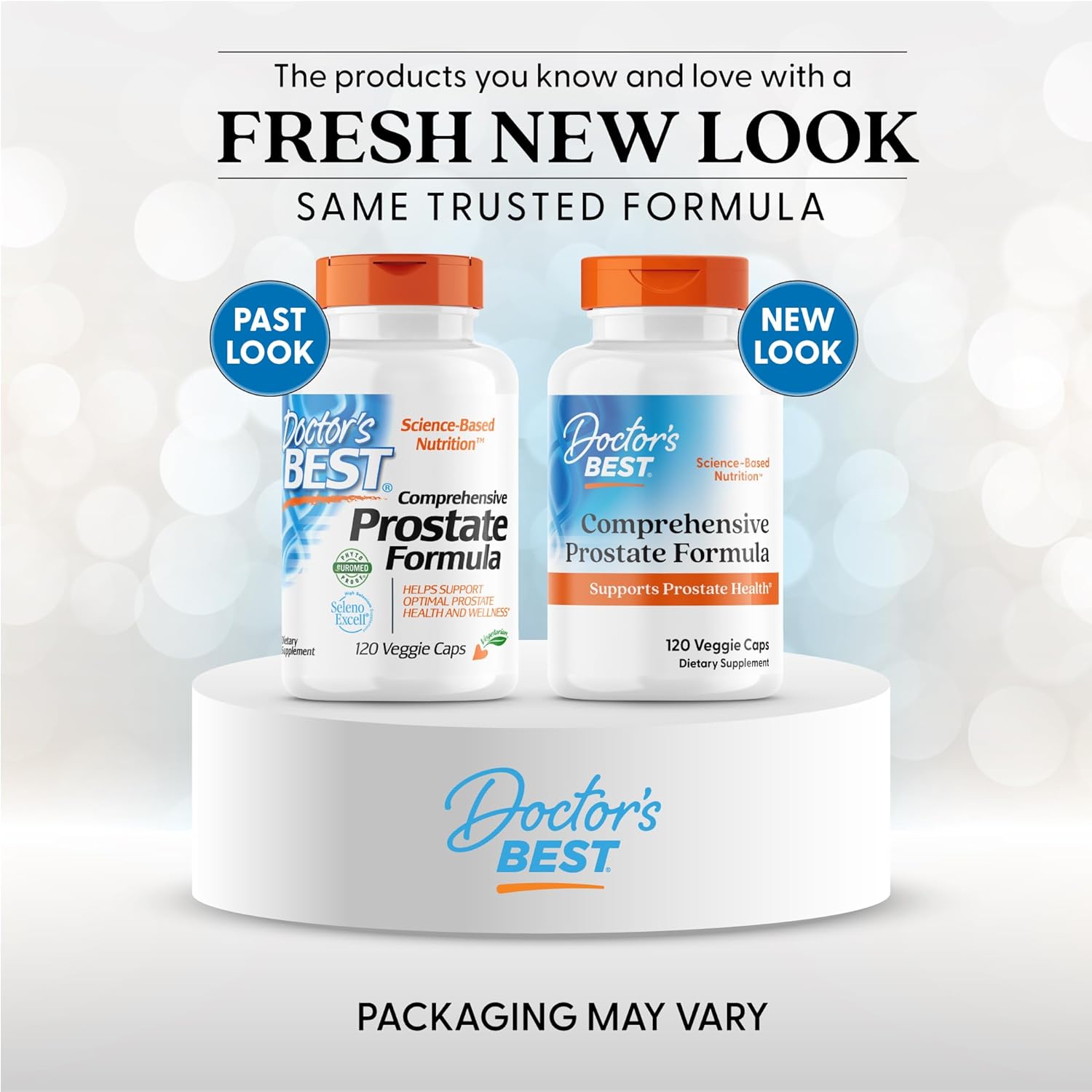 Doctor's Best Prostate Support with Saw Palmetto, Selenium, Lycopene. Old & new packaging.