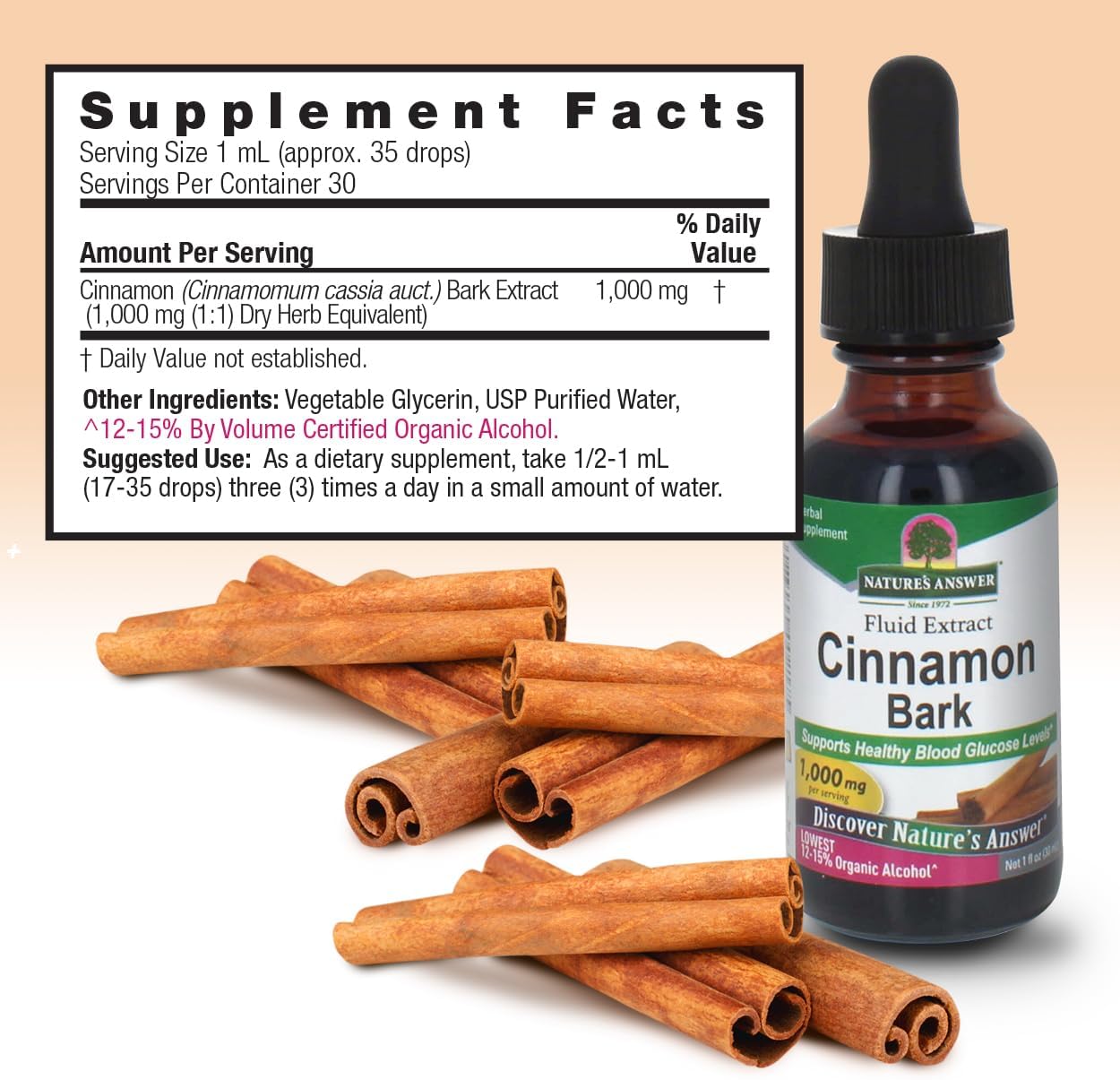 Nature’s Answer Cinnamon bark liquid extract supplement facts 30ml bottle