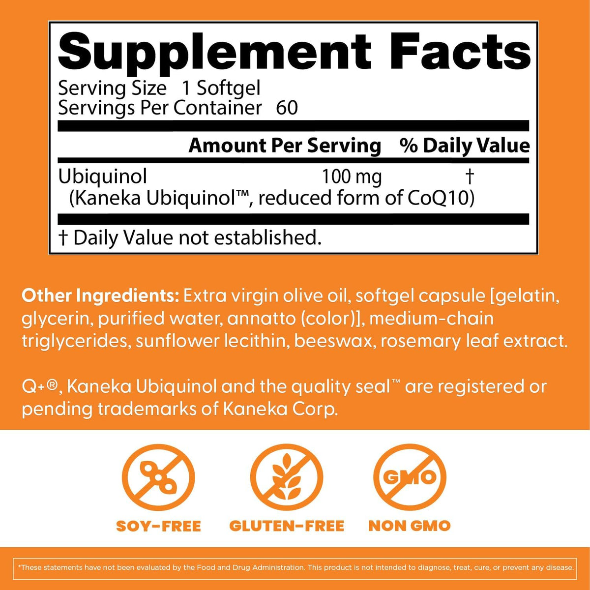 Doctor's Best Ubiquinol CoQ10, bottle packaging, no flavour, 100mg, 60 softgels, supplement facts and ingredients