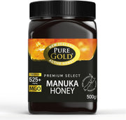 Front image: Pure Gold Manuka honey MGO 525 plus jar raw honey 500g