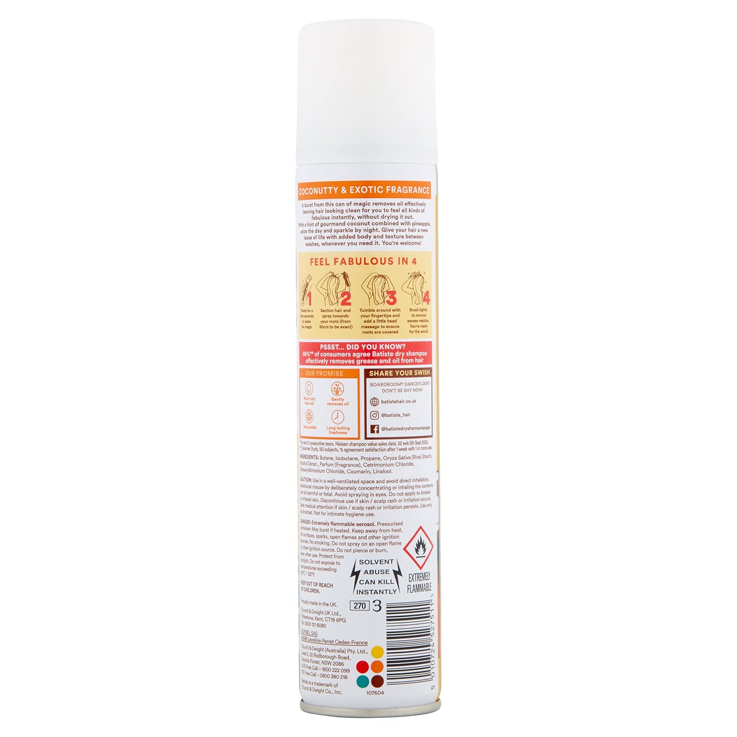 Back label of Batiste Tropical Dry Shampoo showing ingredients and safety warnings.