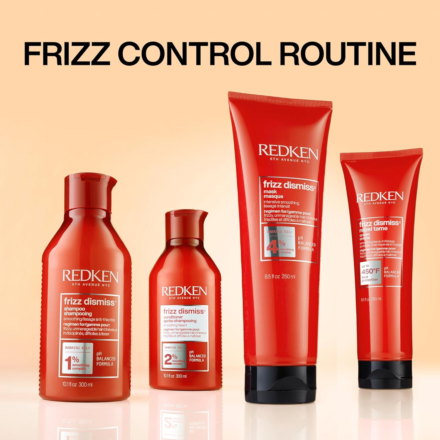 Redken Frizz Dismiss Shampoo bottle, sulfate-free, 300ml formulation routine.